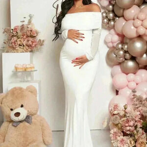 White Elegant Women's Maternity Off Shoulder Foldover Front Floor Length Dress